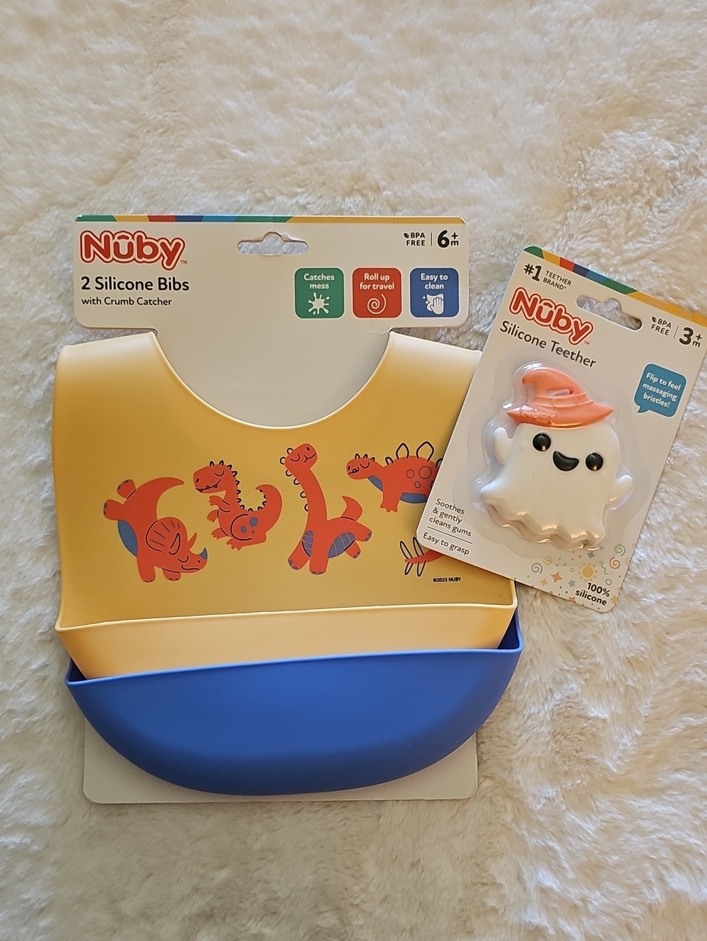 Nuby Kids Silicone Bib Set with Dino Print/Outer Space & Silcone Teether